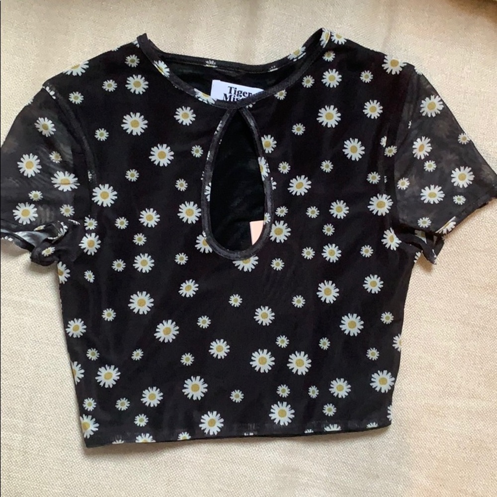Black daisy mesh cutout tiger mist top